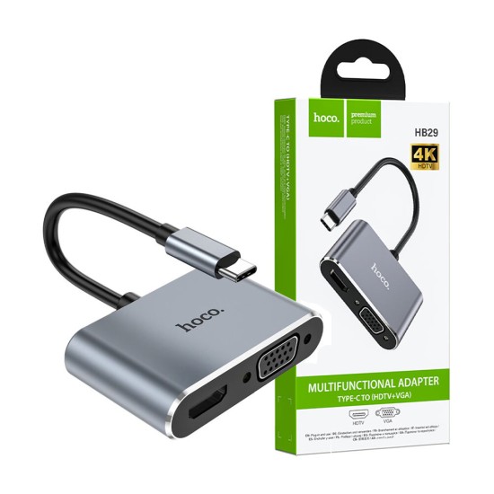 Adaptador de Áudio Hoco HB29 Easy Lead Tipo-C para (HDTV+VGA) Cinza Metálico